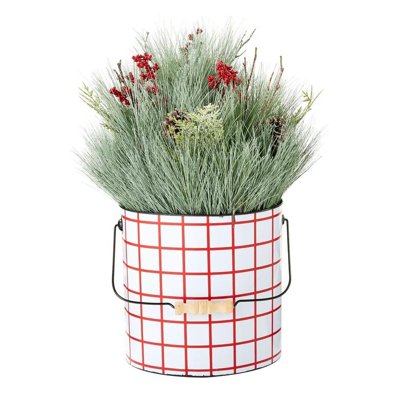 Holiday Time Red and White Plaid Bucket with Greenery Christmas Decoration, 22" - Walmart.com | Walmart (US)