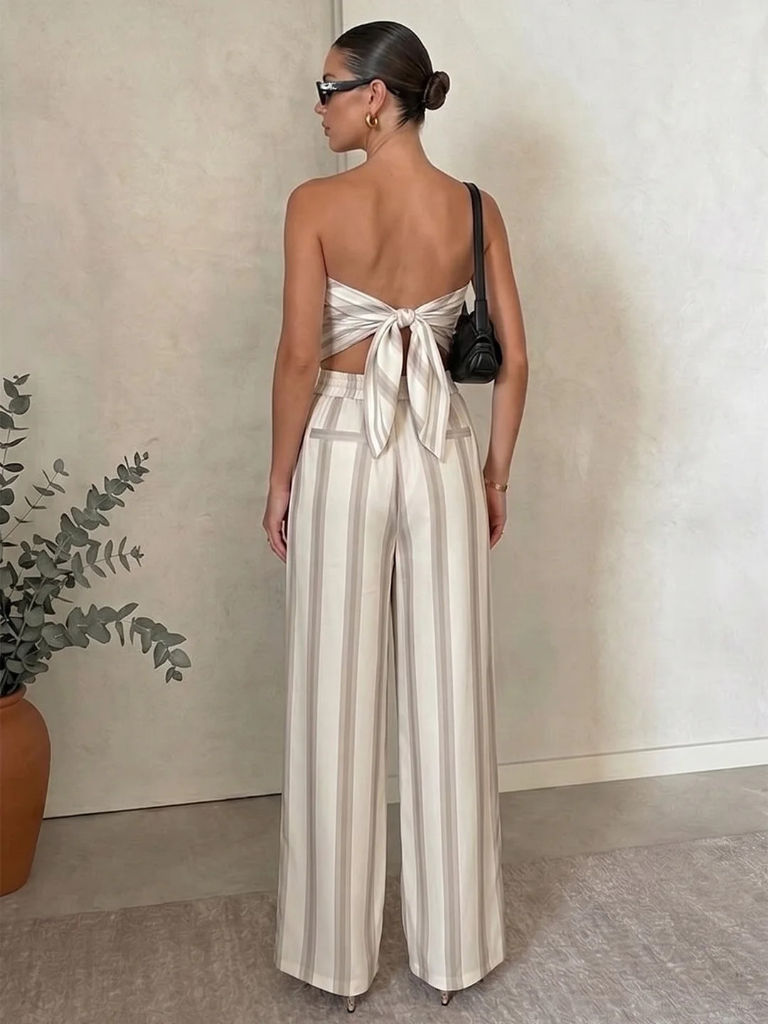 Striped Strapless Top & Wide Leg Pants Set | Commense