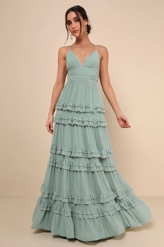 Lavish Perfection Sage Green Ruffled Tiered Maxi Dress | Lulus