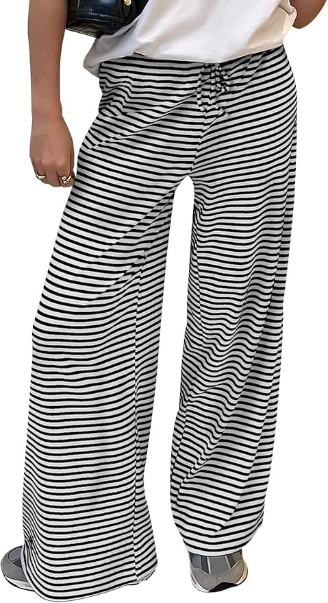 Trendy Queen Womens Striped Ribbed Wide Leg Pants Casual Drawstring Elastic Waist Baggy Sweatpant... | Amazon (US)
