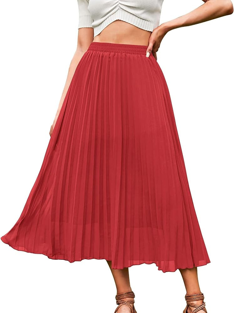EXLURA Women's Floral Printed Chiffon Elastic High Waist Pleated Long Maxi Skirt | Amazon (US)