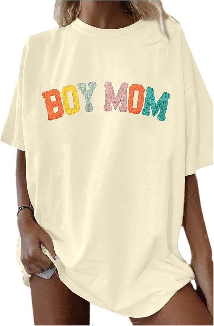 Oversized Mama Tshirt Women Boy Mom Shirt Mom Lift T-Shirt Gift for Mom Glitter Patch Shirt Causa... | Amazon (US)