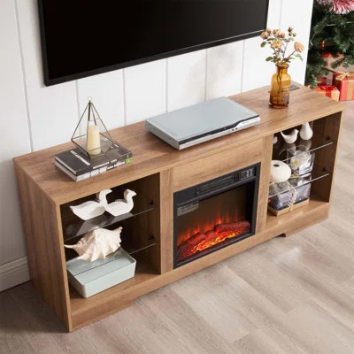 Electric Fireplace TV Stand with Glass Shelves, LED Lights, and USB Charging, Modern Television Table for TVs up to 62 Inches | Wayfair North America