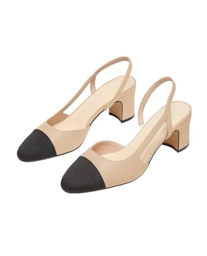 Slingback Shoes For Women Heels Chunky Pumps Block Heel Two Straps Heeled Sandals Almond Cap Toe Pump Splicing Two Tone Dress Office Shoes, Nude Slingback, 9 UK | Amazon (UK)