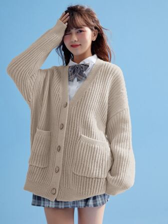 Kawaii Drop Shoulder Patch Pocket Cardigan | SHEIN