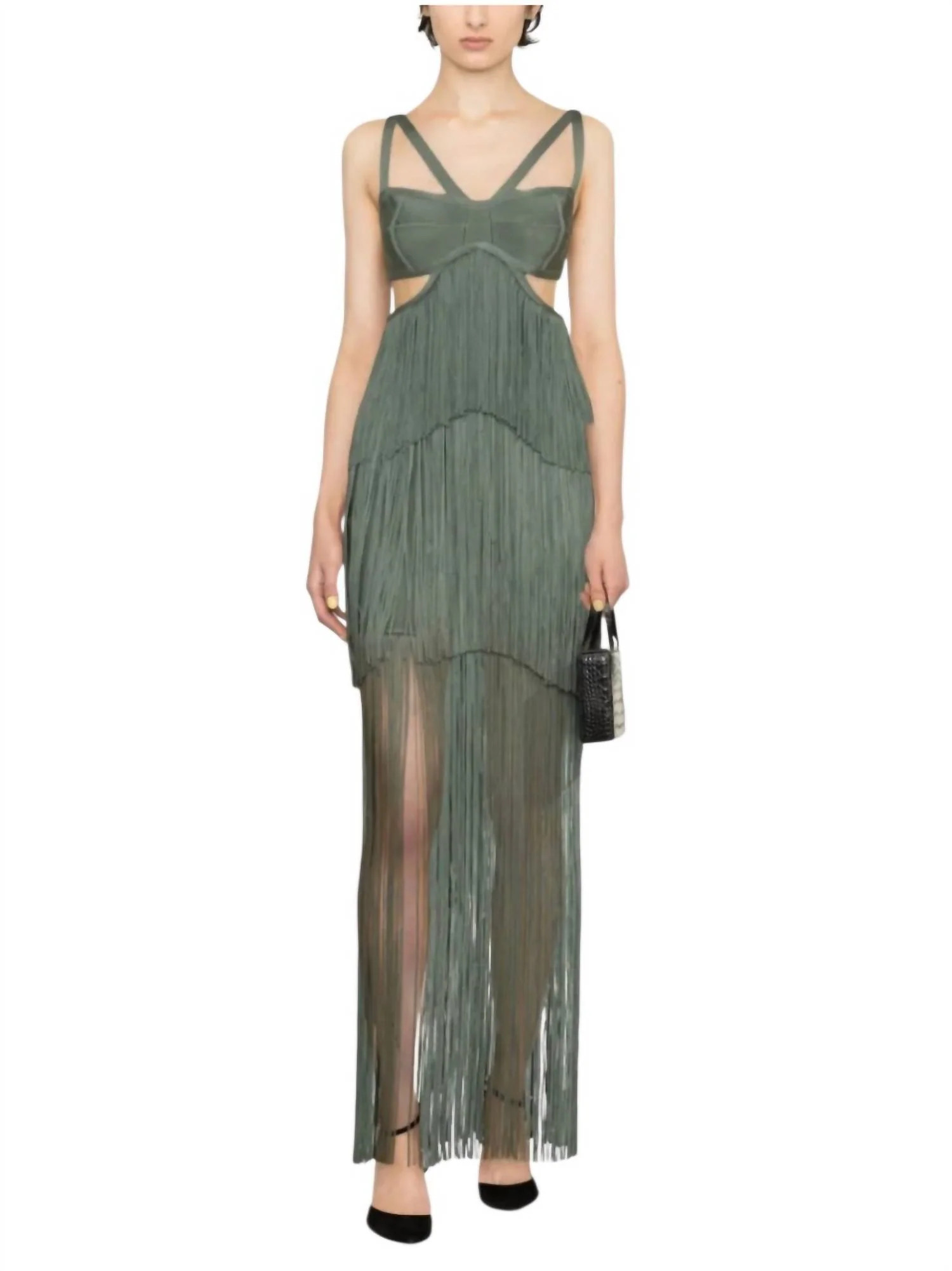 Tiered Fringe Maxi Gown In Willow Green | Shop Simon