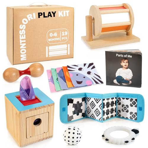WOODMAM Montessori Toys for Babies 0-6 Months, 9 in 1 Learning Educational Baby Gifts for Newborn 0-3-6 Months, Includes High Contrast Cards, Baby Tissue Box Toy, Spinning Drum, Teether and More | Amazon (US)