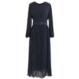 Polka Dots Belted Chiffon Maxi Dress in Navy | Chicwish