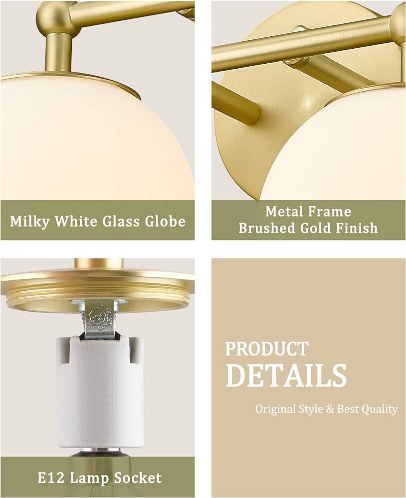 AKEZON Gold Bathroom Light Fixtures, 2-Light Vanity Lights Over Mirror Wall Sconce with White Etc... | Amazon (US)
