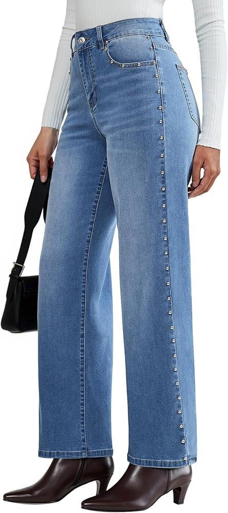 luvamia Women Jeans Wide Leg High Waisted Trendy Side Studded Embellished Distressed Stretchy Den... | Amazon (US)