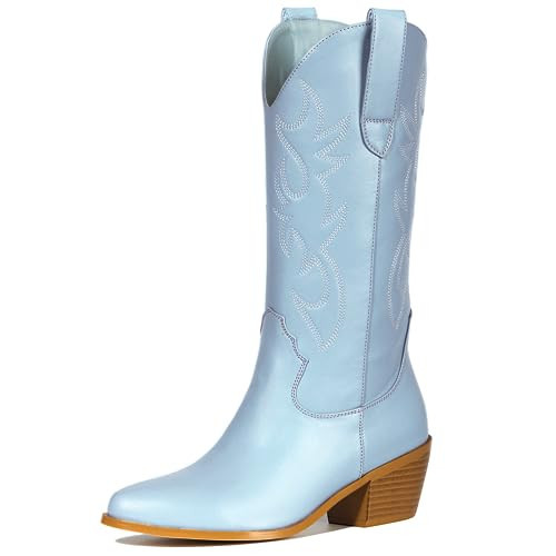 MUCCCUTE Blue Cowboy Boots for Women - Cowgirl Boots Mid Calf with Embroidery, Pointed Toe Chunky Heel Western Boots Pull On | Amazon (US)