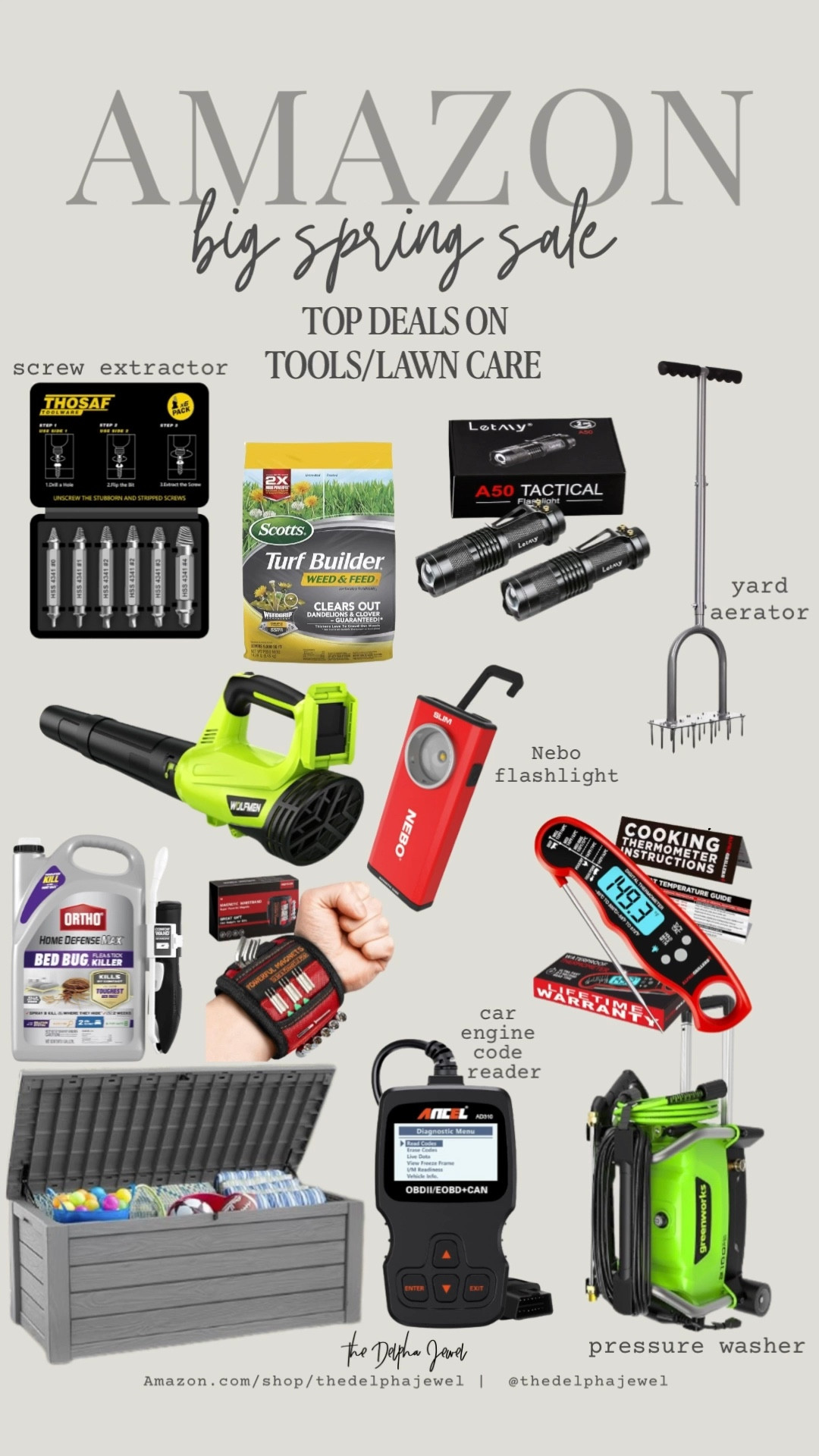 Husband approved list of the top Amazon big spring sale deals on all things tools and lawn care 🙋🏼‍♂️🛠️

Nebo flashlight, lawn aerator, electric leaf blower, vehicle code reader, screw extractor, meat thermometer, large resin outdoor storage, pressure washer

#LTKHome #LTKMens #LTKSaleAlert