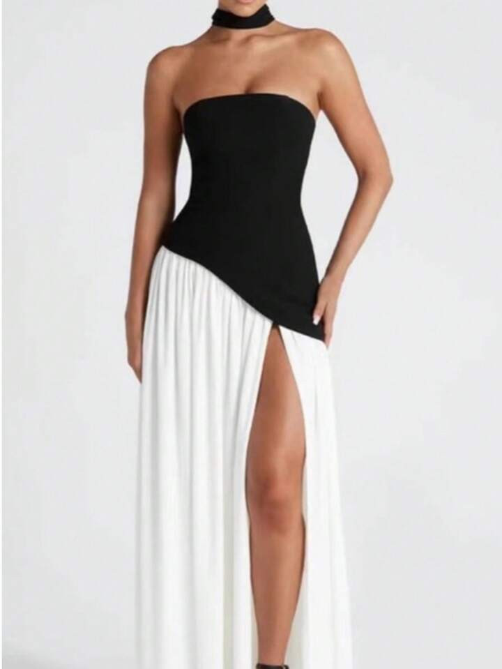 Strapless Contrast Maxi Dress With Thigh-High Slit – Bold & Elegant Eveningwear | SHEIN