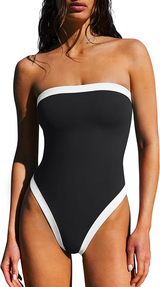 LASLULU Womens Sexy One Piece Swimsuit Strapless Padded Square Neck Bandeau Bathing Suits with Ad... | Amazon (US)