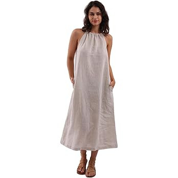 Amazhiyu Womens Linen Halter Sleeveless Maxi Dress Tie Back with Belt and Pockets | Amazon (US)