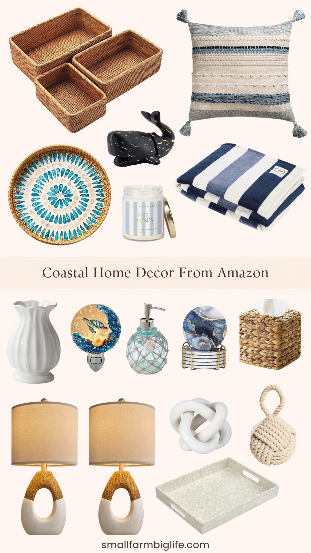 Coastal home decor does not have to feel overdone and this round up proves it. The rattan serving tray with mother of pearl inlay, the scalloped ceramic vase, and the capiz decorative tray are the kind of subtle coastal pieces that work in any room without screaming beach house. I love the wicker tissue box cover and rattan storage baskets for adding natural texture, and the boho throw pillow cover and Nautica fleece blanket in navy and white are perfect for layering on a sofa or bed. The whale bookends are such a fun and unexpected touch and the seashell night light and sea glass soap dispenser are the small details that tie a coastal bathroom or bedroom together beautifully. Tap to shop! 

 #LTKSeasonal #LTKHome