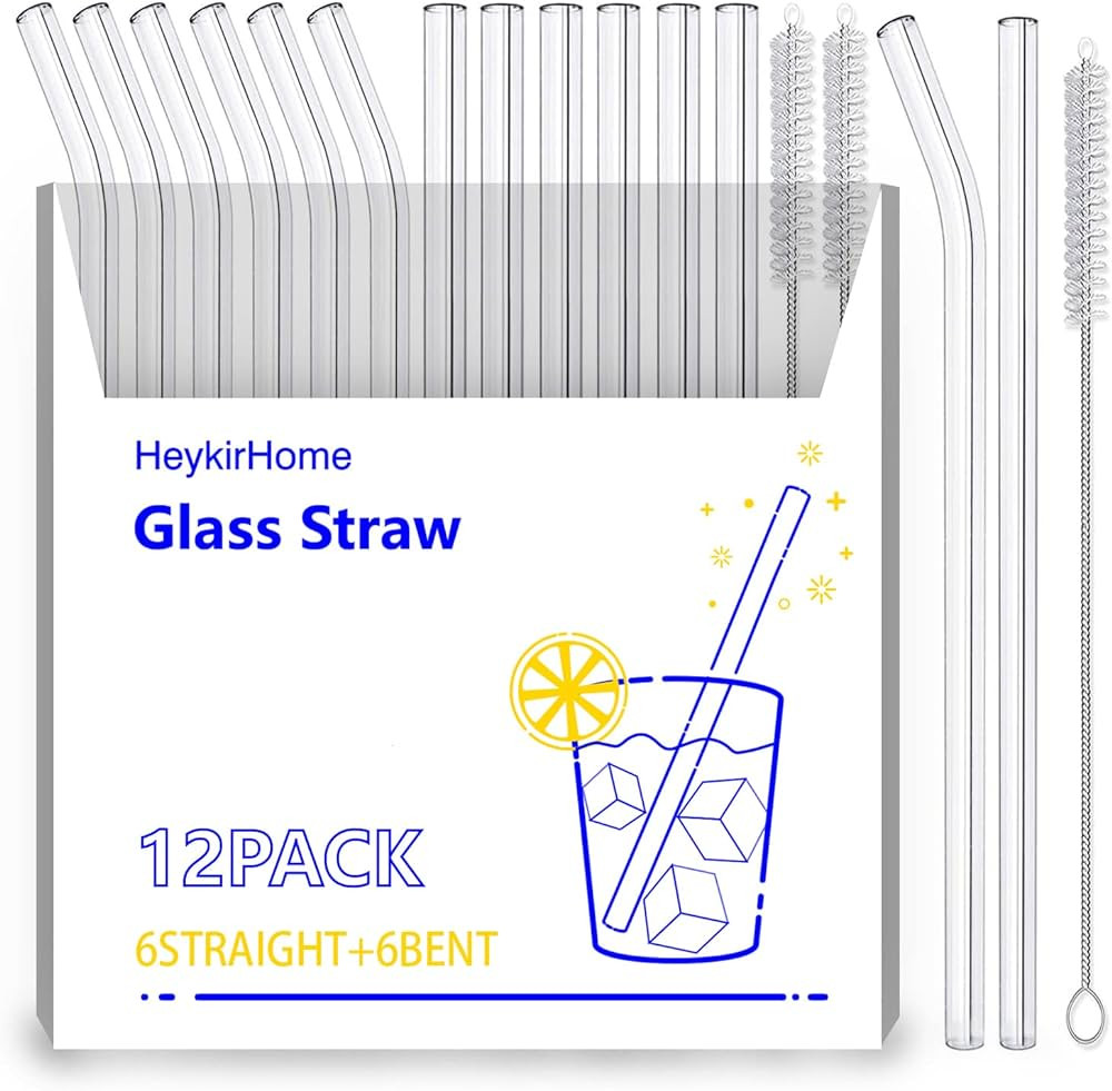 12-Pack Reusable Glass Straw,Size 8.5''x10 MM,Including 6 Straight and 6 Bent with 2 Cleaning Bru... | Amazon (US)