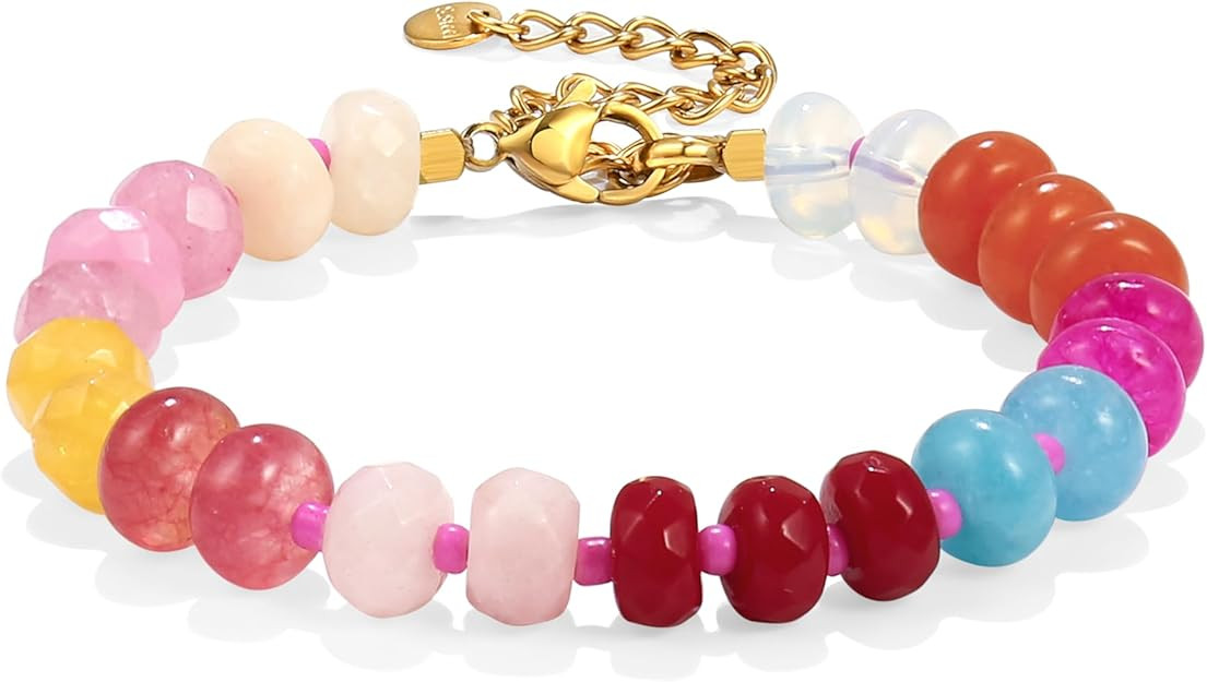 Gemstone Beaded Bracelet for Women Colorful Natural Stone Freshwater Pearl Surfer Beach Rainbow B... | Amazon (US)