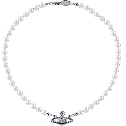 FENLDY Silver Faux Planet Saturn Pearl Necklace for Women Jewelry, Fake Pearl Collar Rhinestone Pendant a Y Necklace Men with Charm for Jewelry Ladies' Wedding Pearl Bead Chain Crystal Choker | Amazon (US)