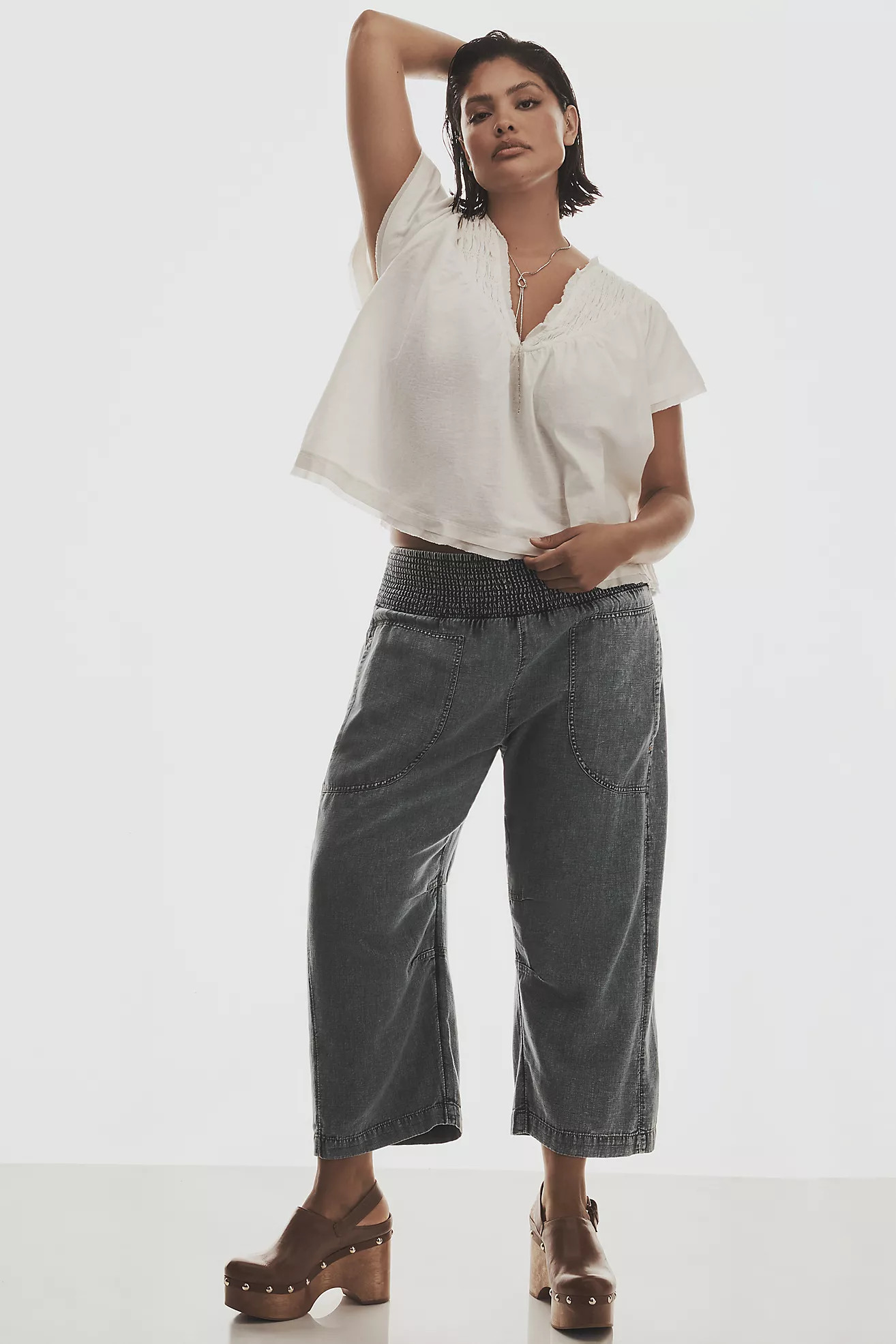 The Reese Smocked Denim Pull-On Barrel Pants | Anthropologie (US)