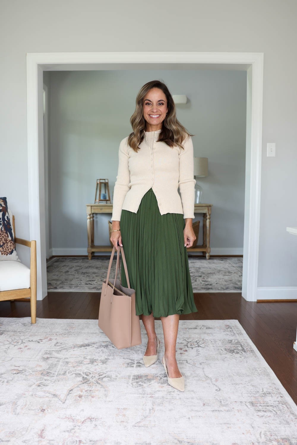 Work outfits by color series: green 

Skirt: small in army green 
Cardigan: xs in heather oatmeal (sleeves cuffed) 
Tank top: xs in heather oatmeal

#LTKPetite #LTKWorkwear