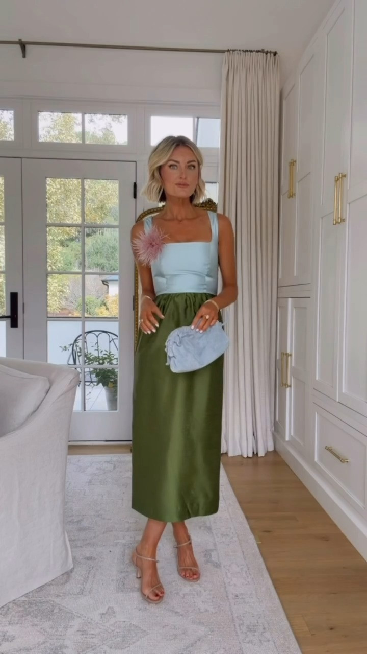 This blue/green color block dress is super fun and feminine! I love the column silhouette with this addition of a feather brooch for a wedding guest look. Wearing XS

Loverly grey, tuckernuck, satin column colorblock shift dress, wedding guest dress inspo, fall wedding cocktail attire, dresses for women 

 #LTKootd #LTKSeasonal