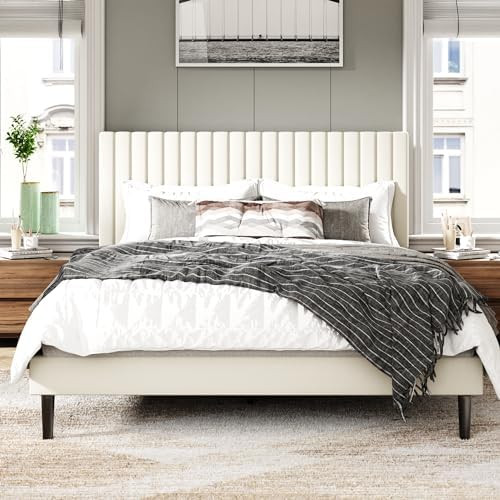 Full Size Bed Frame with Velvet Upholstered Headboard, Platform Bed with Strong Wood Slats, Mattr... | Amazon (US)