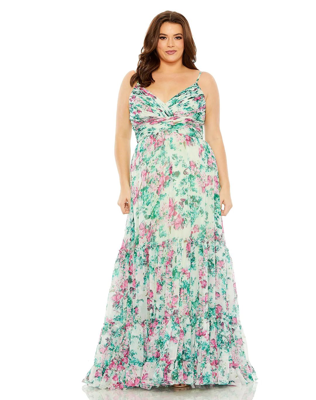 Floral Printed Tiered Ruched Gown | Mac Duggal