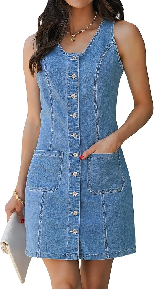 luvamia Denim Dresses for Women Sleeveless Stretchy Jean Summer Casual Western Short Button Down ... | Amazon (US)