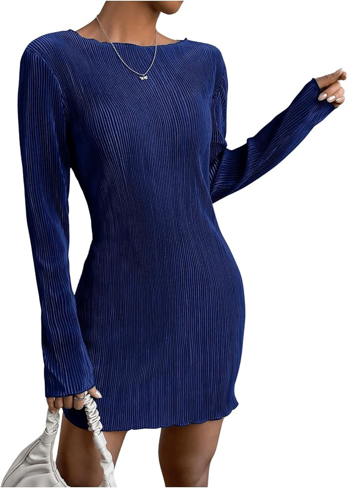 COZYEASE Women's Lettuce Trim Boat Neck Dress Elegant Bodycon Long Sleeve Pencil Mini Dress | Amazon (US)