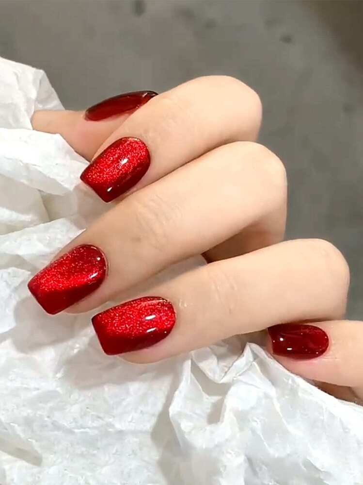 24pcs Y2K Aesthetic Blood-Red Crystal Cat Eye Square Shaped Press On False Nails, Acrylic Full Co... | SHEIN