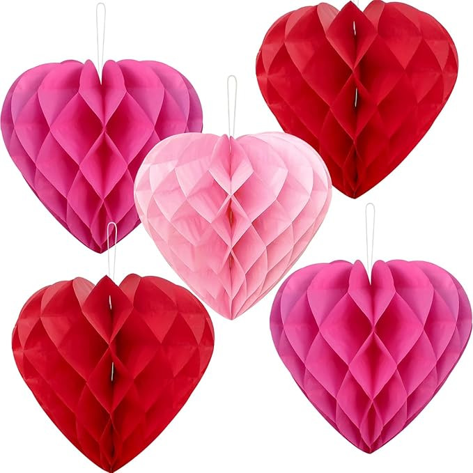 PheiLa 5 Pcs 12 Inch Heart Honeycomb Party Decorations Heart Shaped Pom Poms Paper Honeycomb Ball... | Amazon (US)