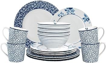 Laura Ashley Blueprint 16-PC Service for 4 Mixed Dinnerware Gift Set - Porcelain Mugs, Bowls, Din... | Amazon (US)