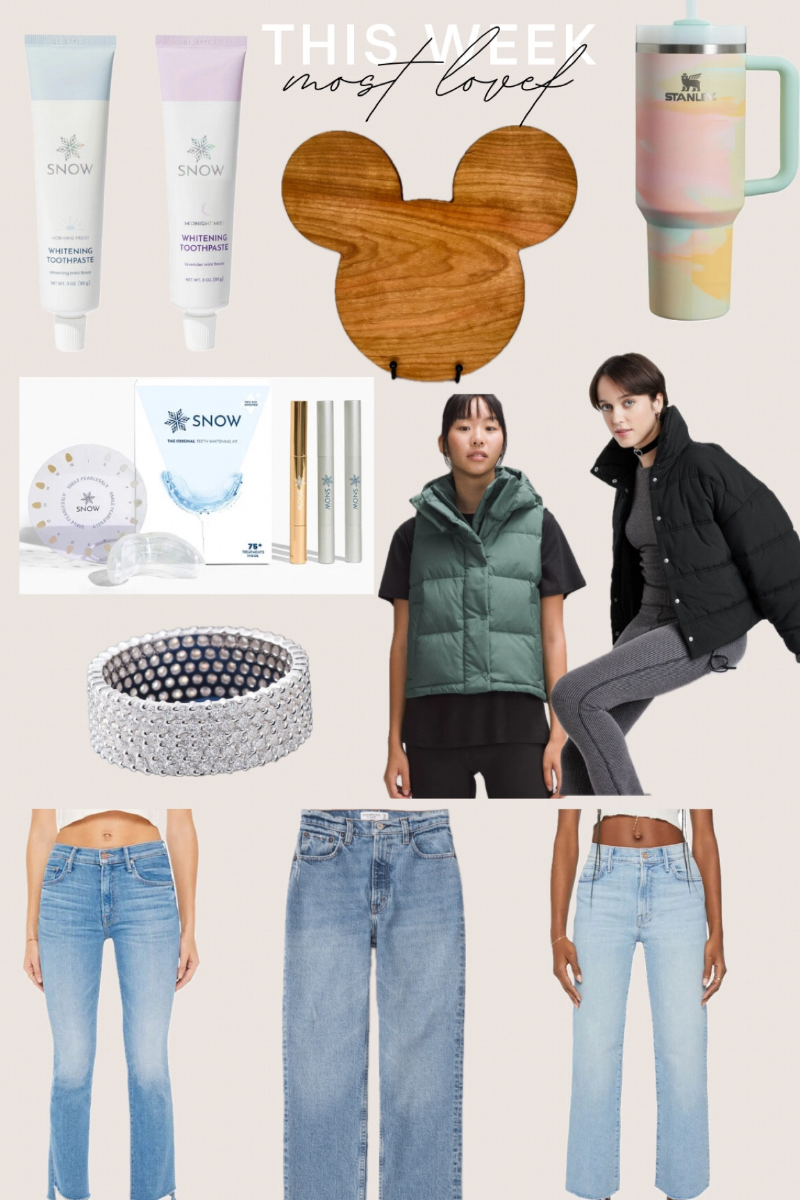 Most loved by you this week! Snow toothpaste and whitening kit, Mickey charcuterie board, new Stanley watercolor spring tumblers, Lululemon puffer vest, target puffer jacket, moissanite eternity band, mother jeans, Abercrombie jeans

#LTKMostLoved #LTKstyletip #LTKfindsunder100