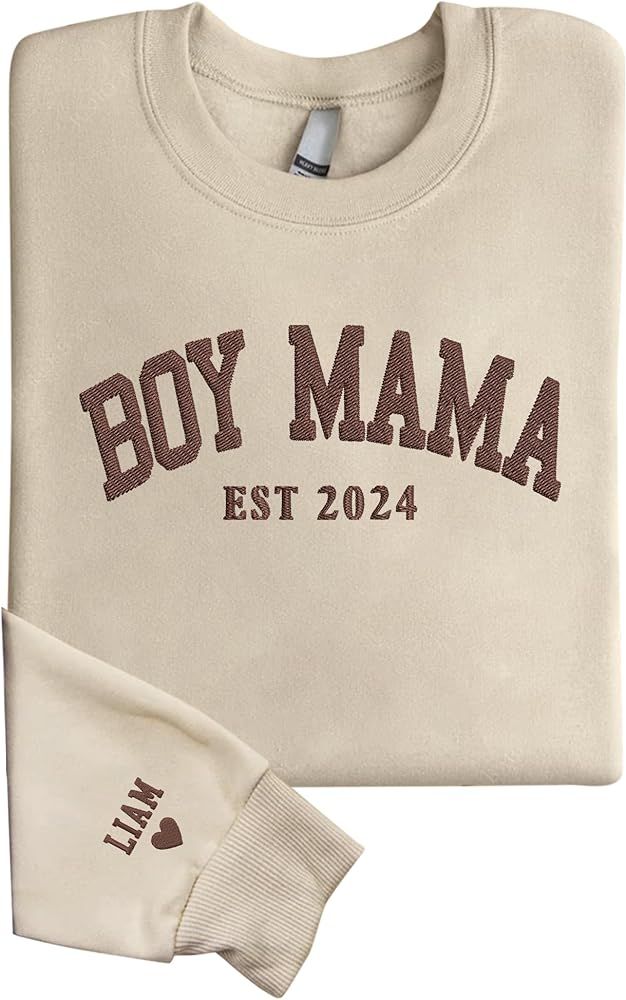 GodLover Personalized Embroidered Boy Mama EST Sweatshirt With Kid Name On Sleeve, Boy Mom Sweats... | Amazon (US)