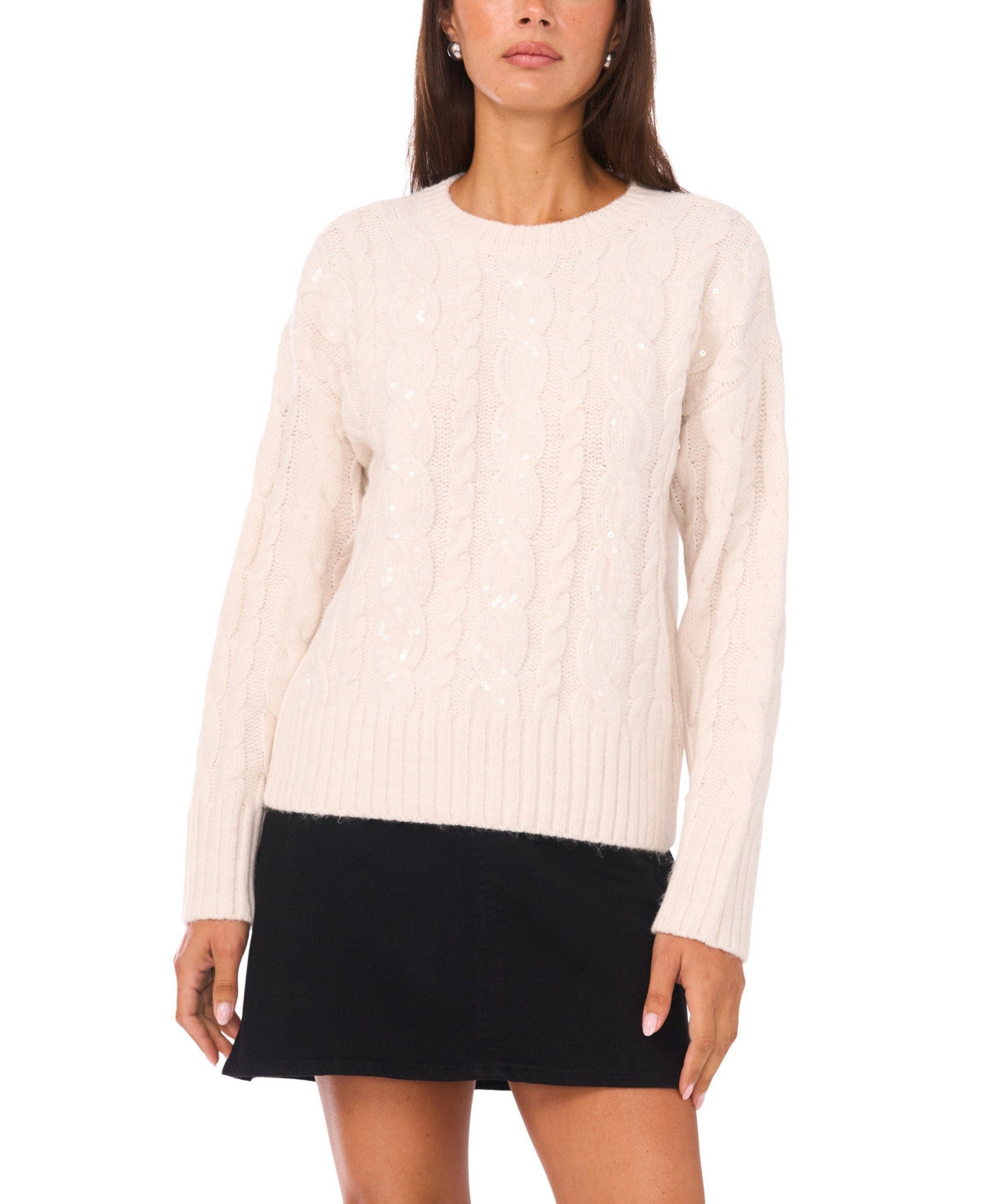 Vince Camuto Women's Sequin Cable Long Sleeve Sweater - Ivory Heather | Macy's
