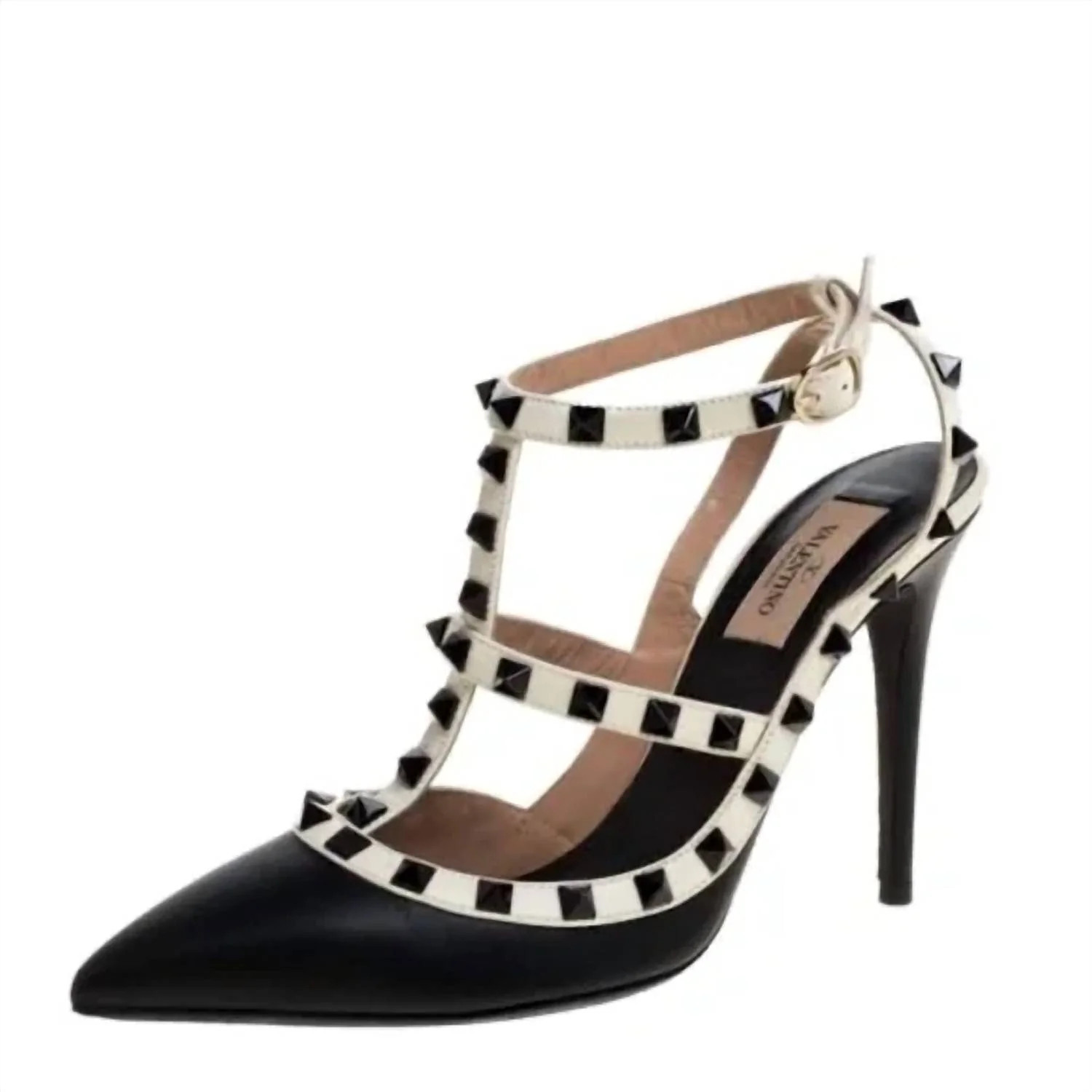 Leather Rockstud Ankle Strappy Heels In Black | Shop Simon