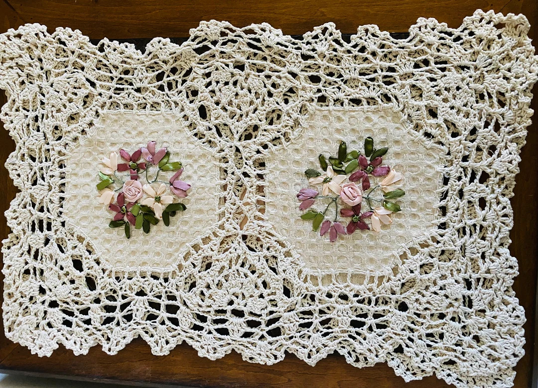 Handmade Crochet Lace Placemat: Ribbon Embroidered Linen, Beige (11" x 17") | Etsy (US)