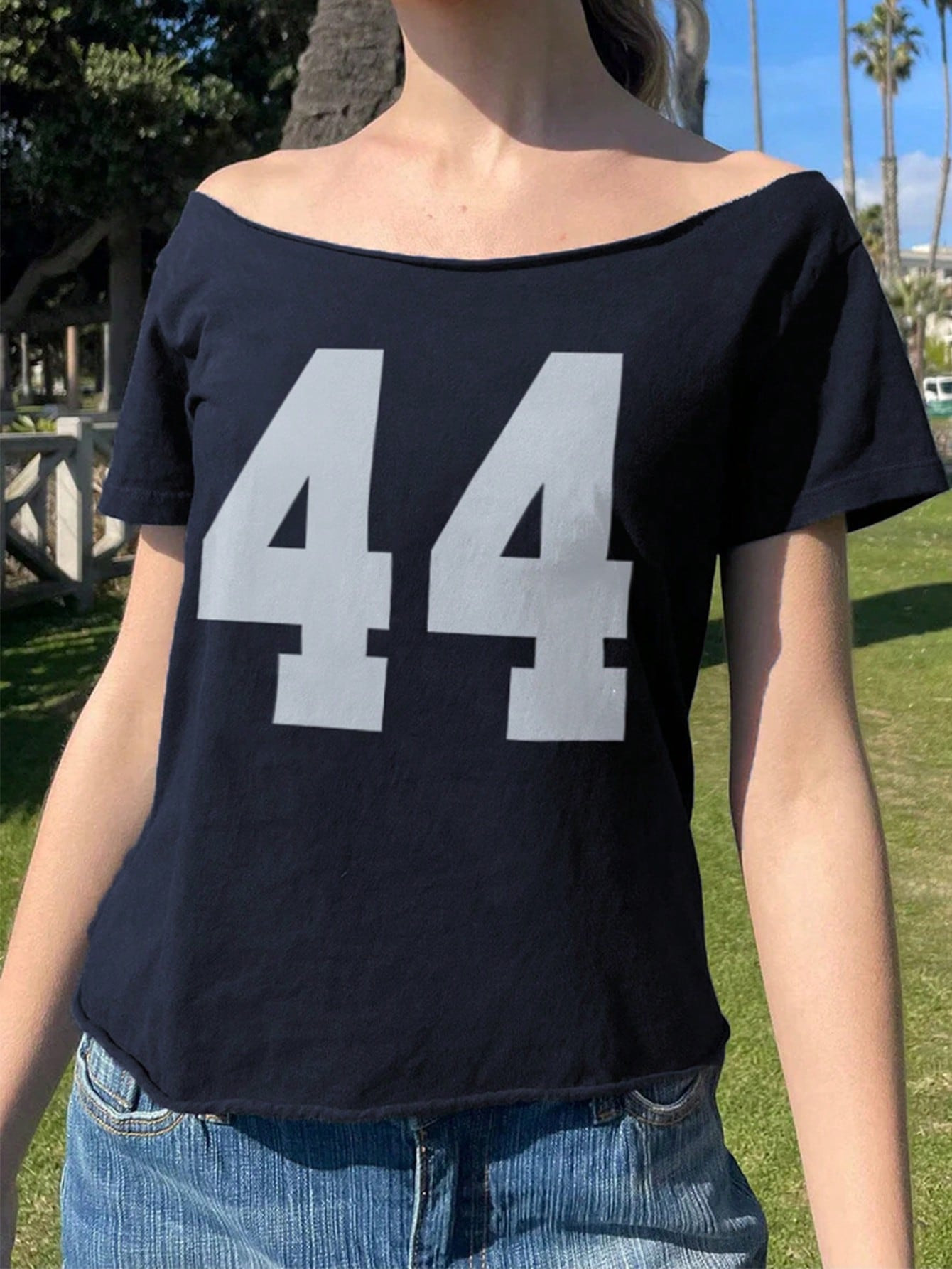 SHEIN EZwear Women's Summer Digit Printed Asymmetrical Neck Short Sleeve Casual T-Shirt | SHEIN