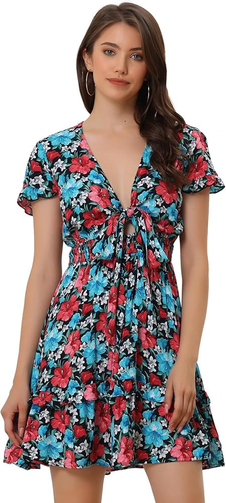 Allegra K Floral Dress for Women's Deep V Neck Tie Knot Smocked Tiered Ruffles Mini Dresses | Amazon (US)