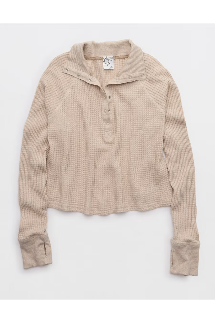 OFFLINE By Aerie Wow! Waffle Mockneck Henley Long Sleeve T-Shirt Women's Heather Fawn XXS | American Eagle Outfitters (US & CA)