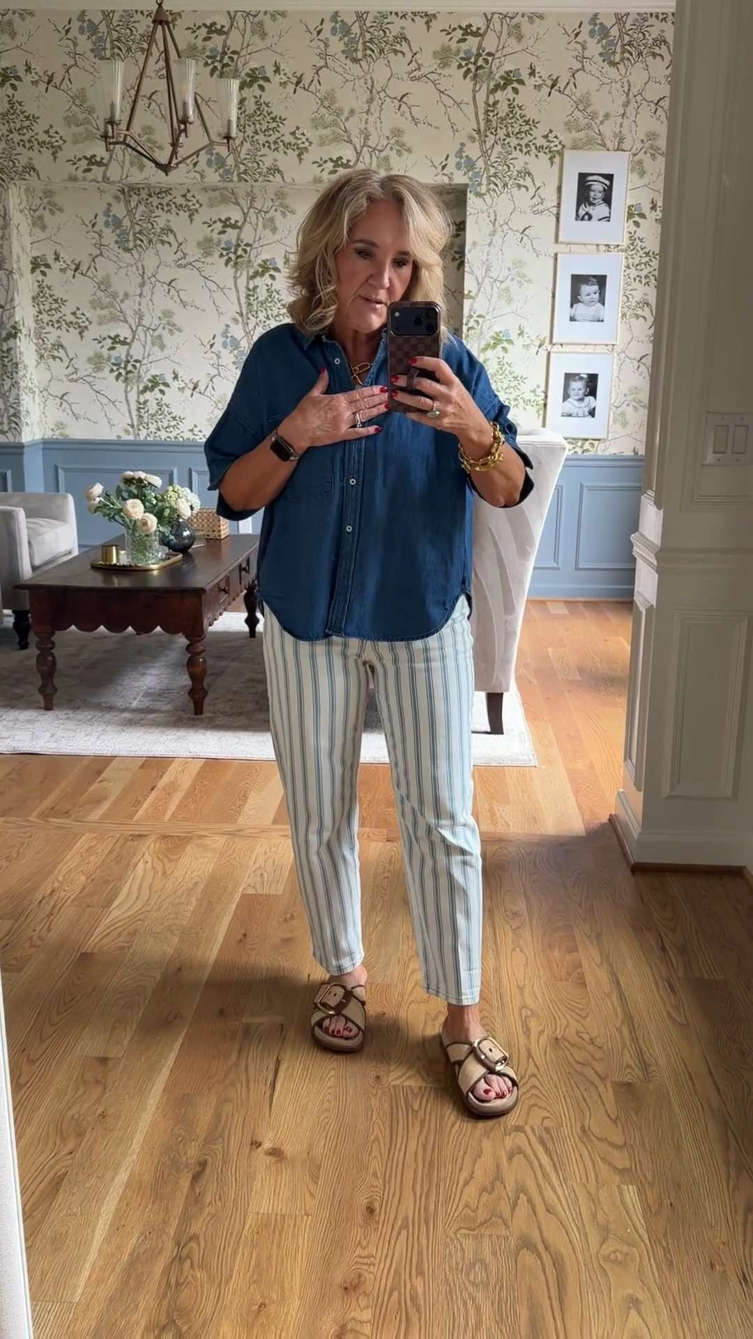 This chambray blouse is one of those pieces that makes getting dressed easy. Paired with striped pants, it creates an effortless summer look that's comfortable, polished, and perfect for everyday wear.🫶🏻 

 #LTKootd #LTKSeasonal #LTKSaleAlert