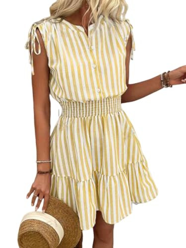 utcoco Women's Striped Tie Shoulder Sleeveless Mini Dress Smocked Waist Ruffle Beach Boho A-Line ... | Amazon (US)