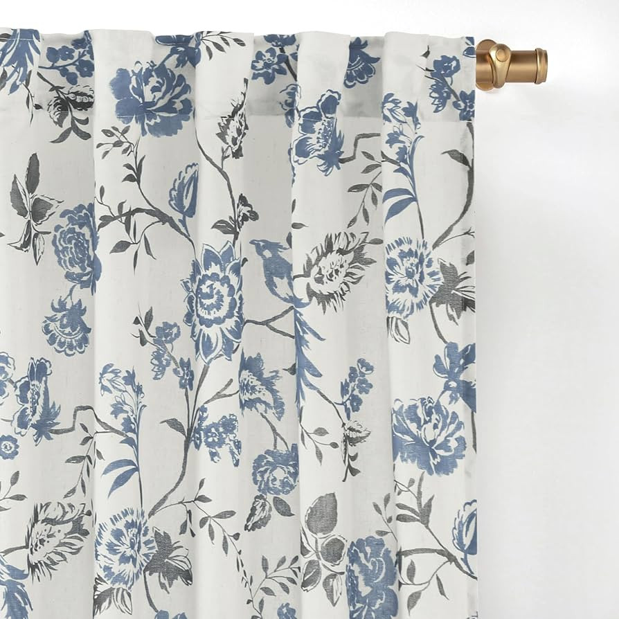 Grey Blue Floral Sheer Linen Curtains 96 Inch Length 2 Panels Set Linen Printed Drapes for Living... | Amazon (US)