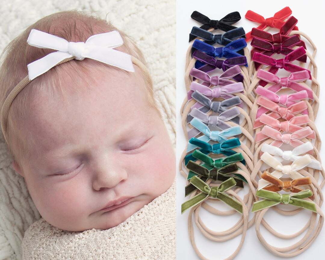 PICK 3 Newborn Baby headbands, Mini Velvet Bows, Petite Velvet Baby Bows on Clip, Baby Girl Nylon... | Etsy (US)