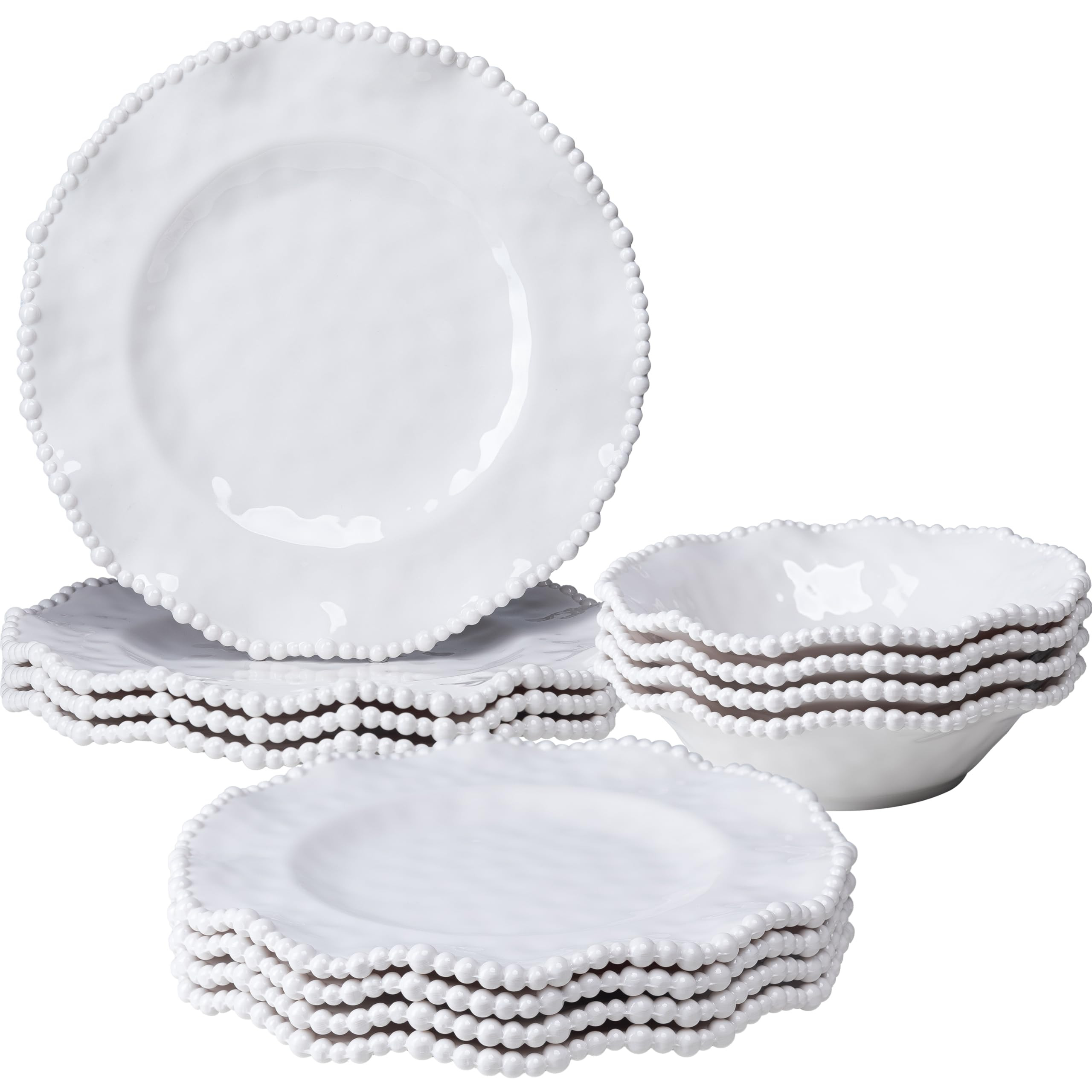 Cream 12pcs Beaded 100% Melamine Dinnerware Set, Elegant Scalloped Edge Durable & Shatterproof Ou... | Amazon (US)