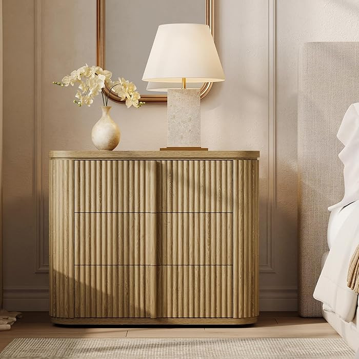 SICOTAS Fluted Night Stand with 3 Storage Drawers, Oversized Extra Large Nightstand Bedside Table... | Amazon (US)