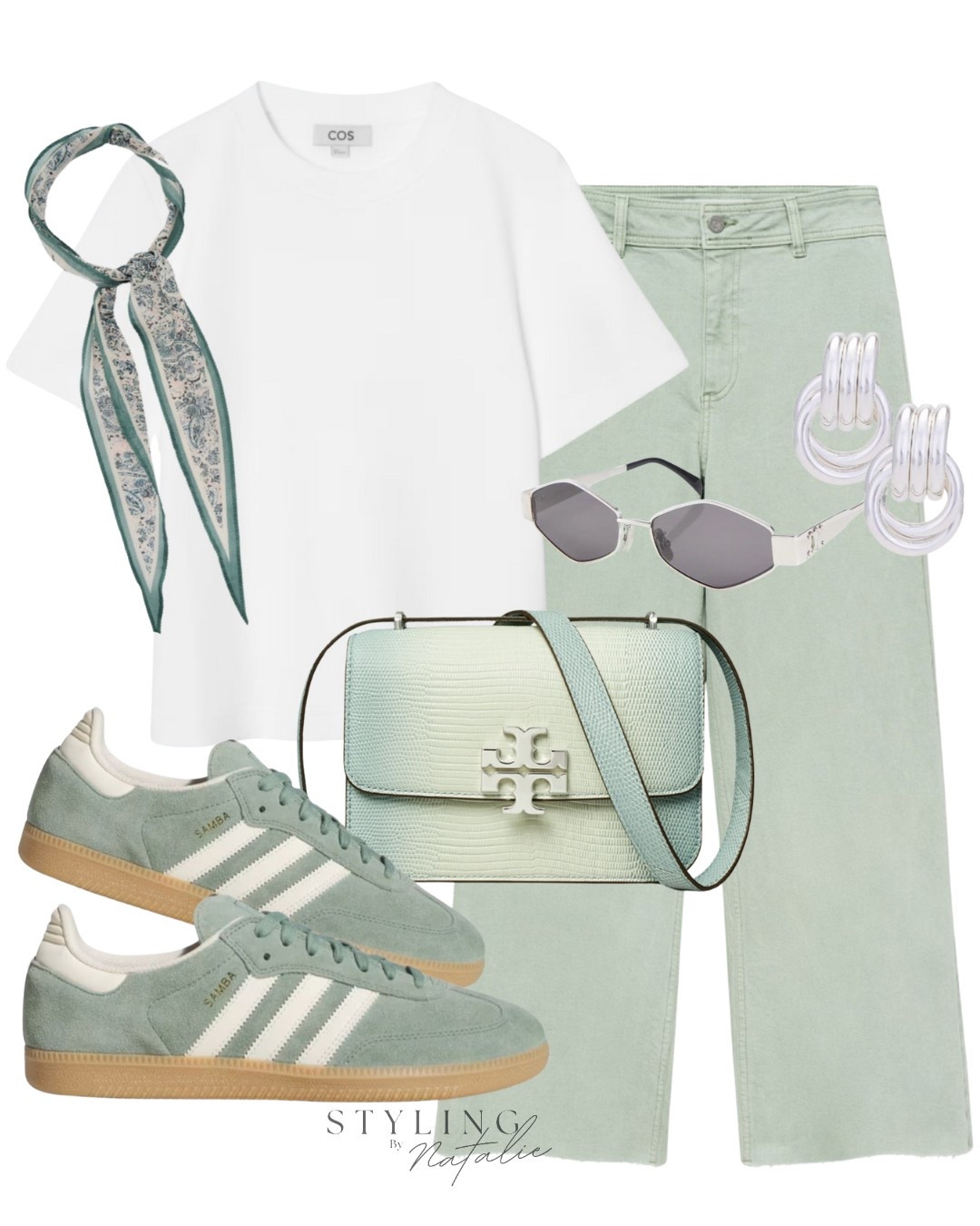 Spring outfit- white T-shirt, sage green culottes, Adidas sambas, Tory Burch crossbody bag, print scarf/foulard. Casual, everyday, spring tones, sneakers, OOTD

#LTKspring #LTKAprilSpotlight #LTKuk