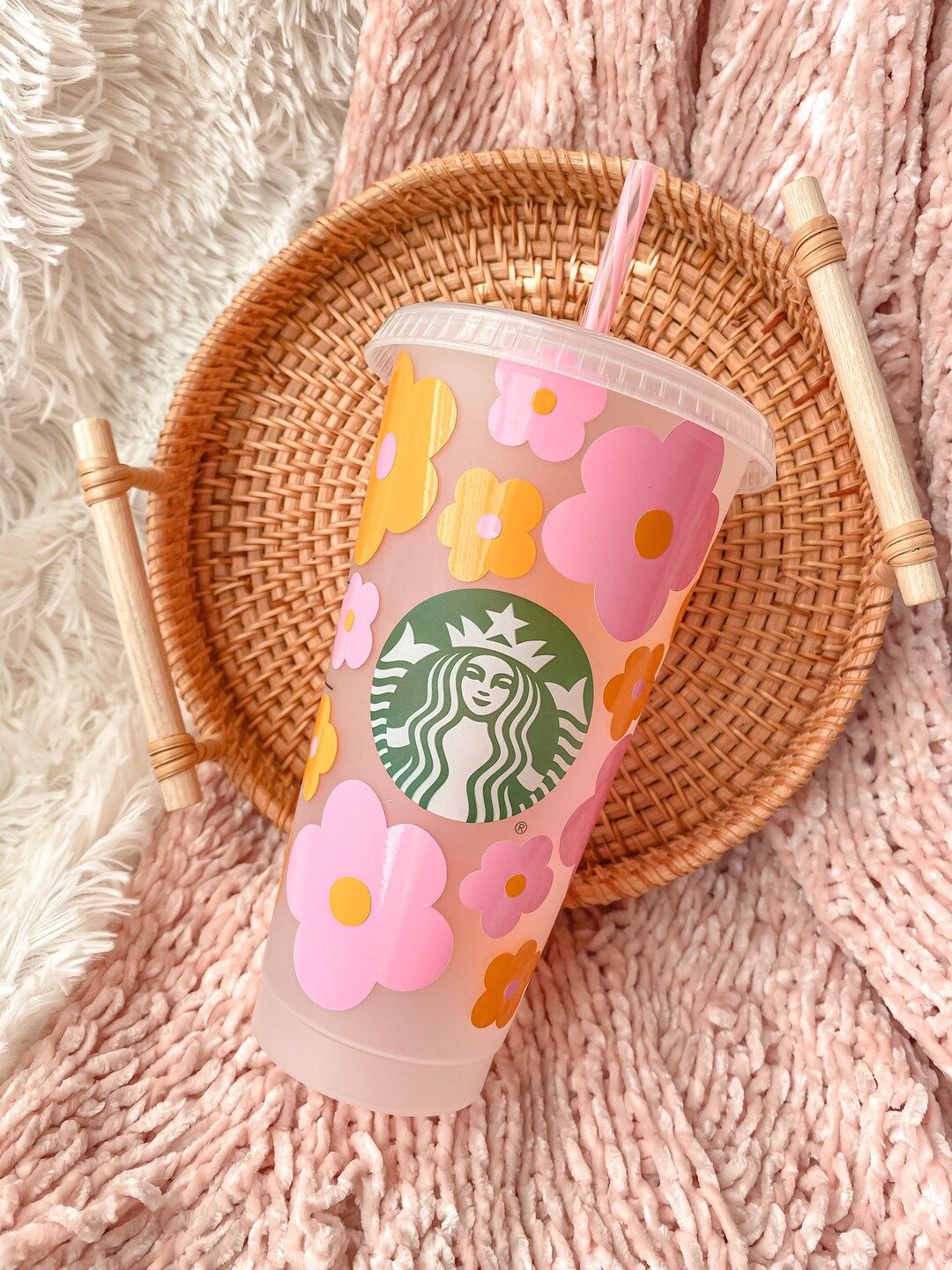 Pink & Orange Retro Flowers Iced Coffee Starbucks Cup | Gift for Daisy Lover Best Friend | Cute F... | Etsy (US)