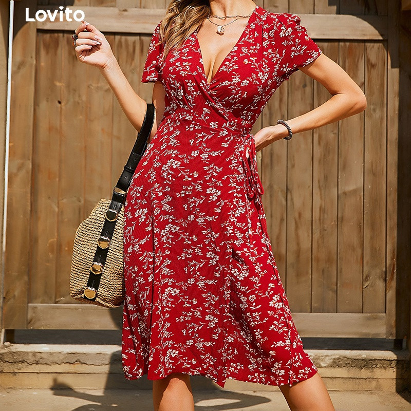 Lovito -  Vestido Longo Feminino Boho Com Estampa Floral Decote V L01146nas cores vermelho, Lilá... | Shopee (BR)